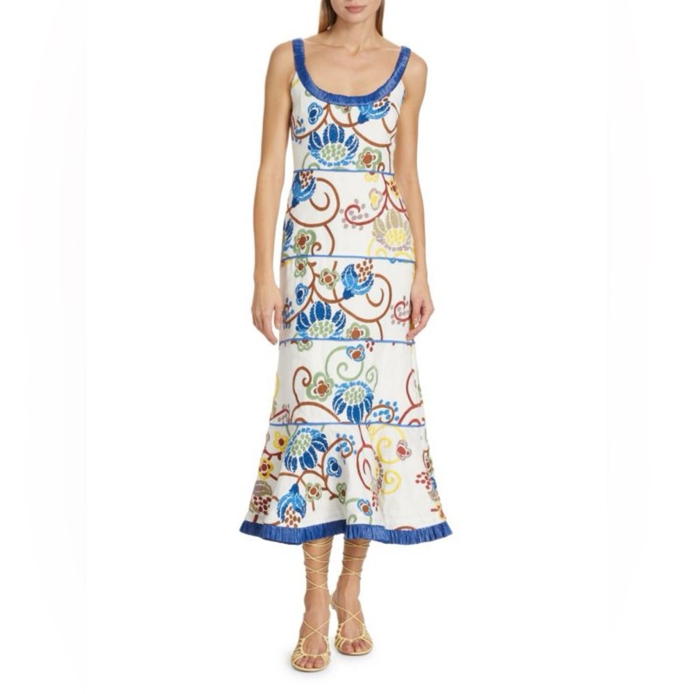 Alexis White Floral Midi Dress with Blue Trim